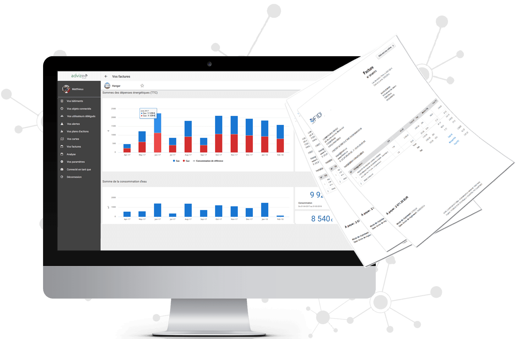 Advizeo permet de centraliser vos données énergétiques. Importez toutes vos factures d'énergie directement dans l'application. Vous êtes alerté en cas d'erreurs de facturation.