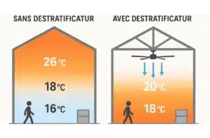 Avec et sans destratificateur d'air chaud