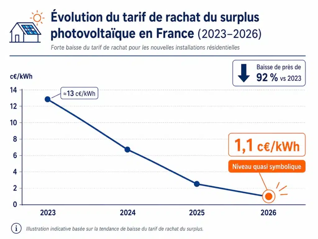 Évolution du tarif de rachat du surplus photovoltaïque en France (2023-2026)